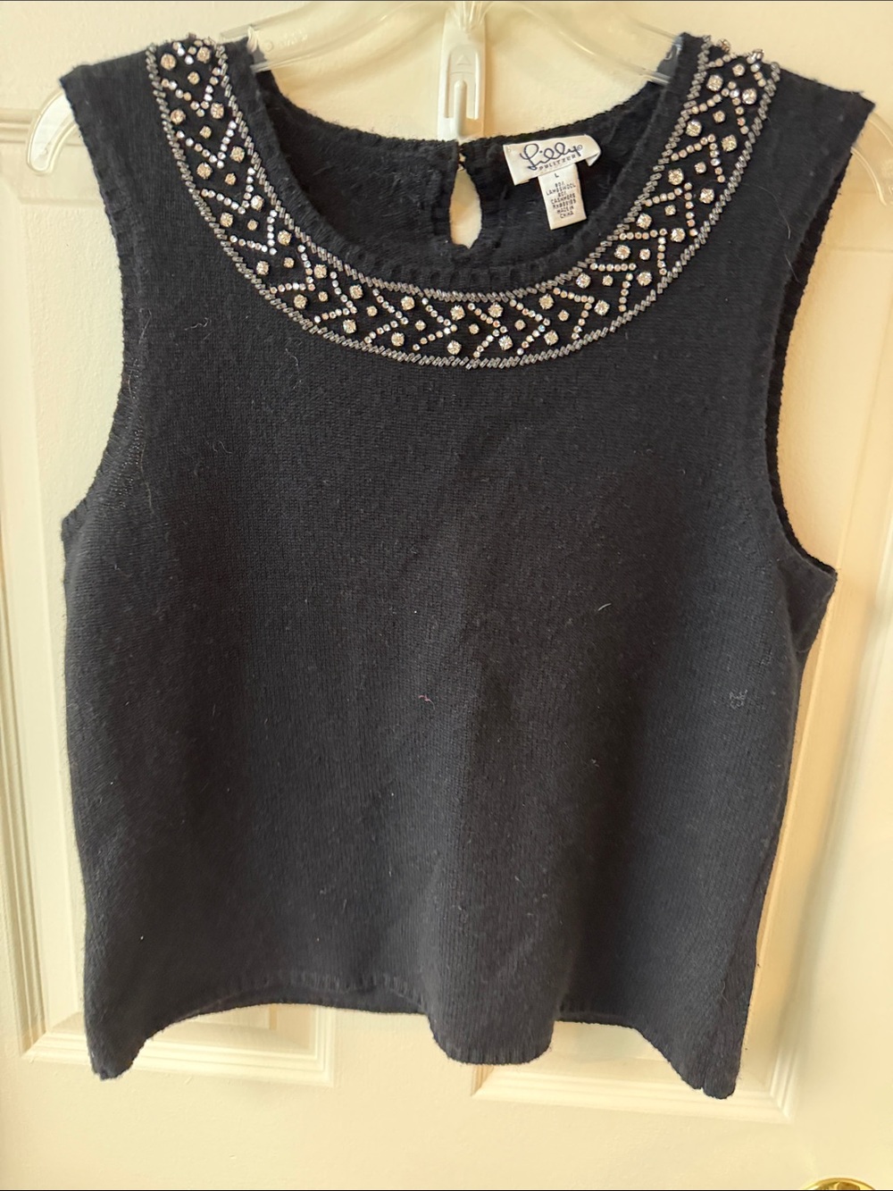 Lilly Pulitzer Black Sleeveless Knit Top with Jeweled Neckline large